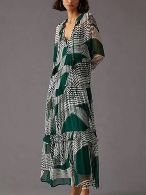 Anthropology Marias Green White Patterned Maxi Dress - V-Neck Tiered Long Dress